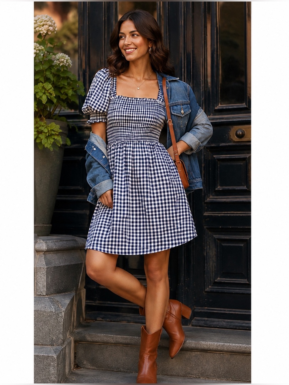 Draper James Womens M Navy White Gingham Smocked Square Neck Puff Sleeve Dress